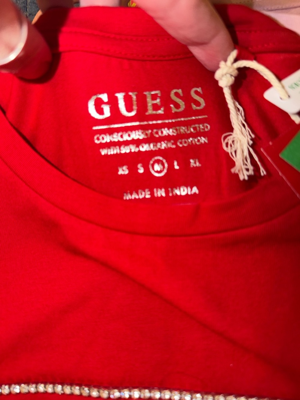 GUESS Red Rhinestone Triangle Logo Tee - Picture 2 of 5